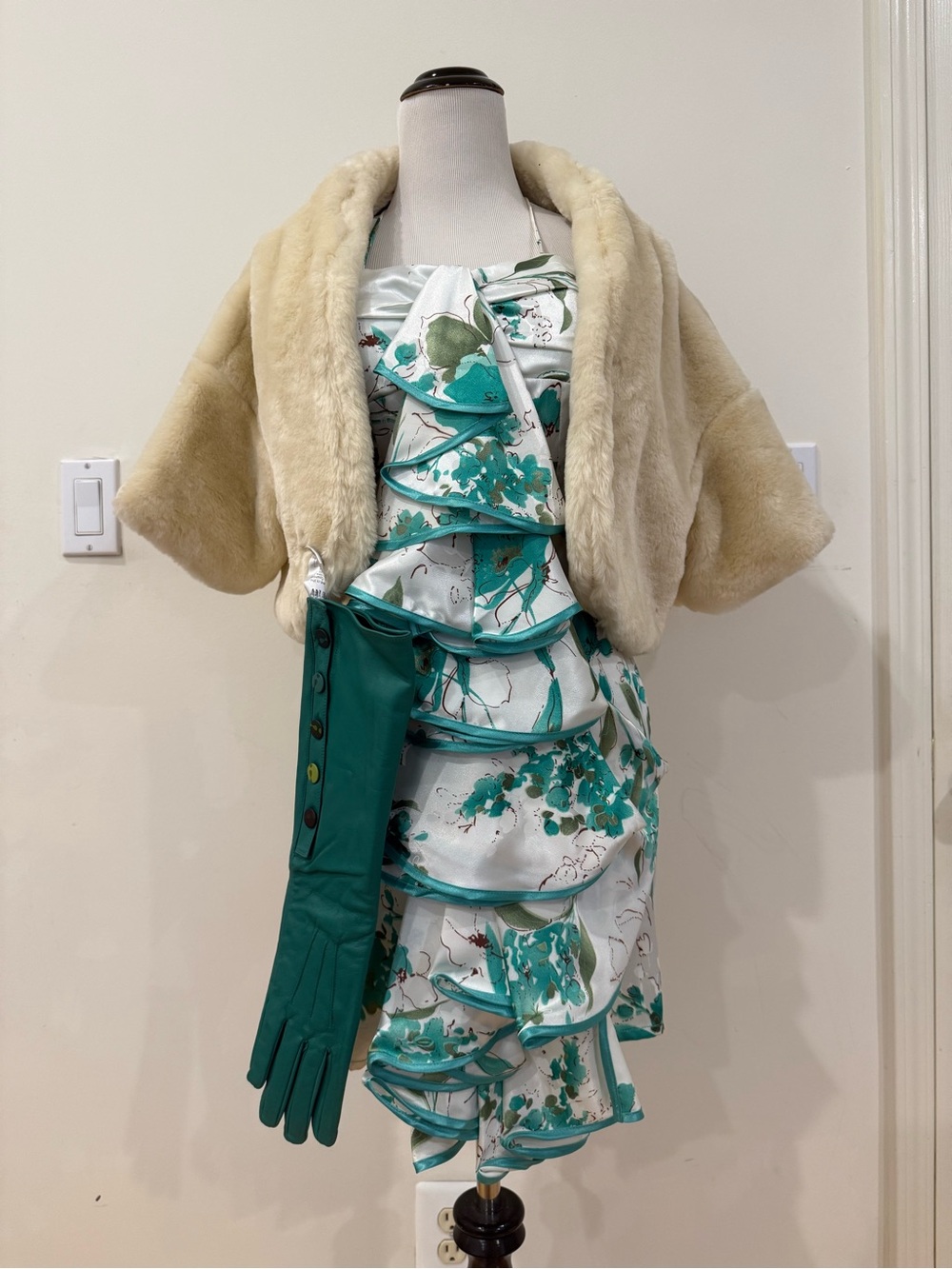Floral Teal Ruffled Dress with Cream Faux Fur Bolero and Teal Long Gloves
